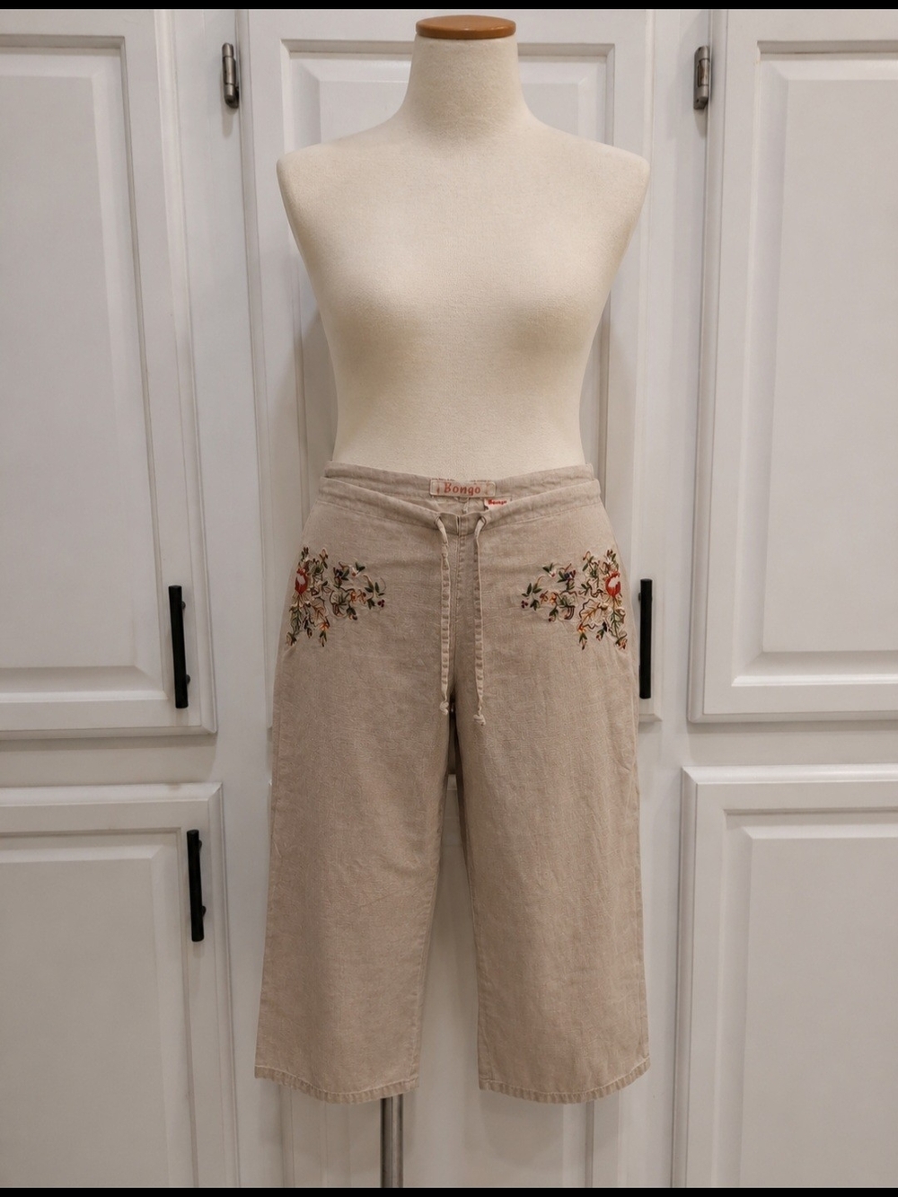 BONGO Beige Embroidered Linen-Blend Crop Drawstring Capris Y2k Vintage 90s Boho